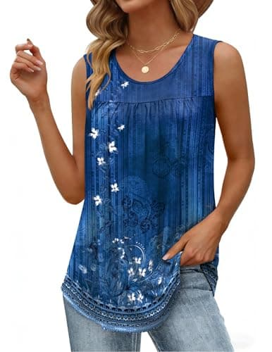 Zeagoo Tank Tops Summer Boho Bohemian Loose Fit Tunic Pleated Crew Neck Sleeveless Shirt Trending Womens Clothes - Image 1