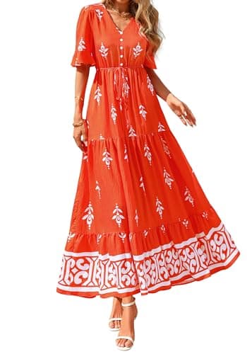 BTFBM Boho Dresses for Women 2026 Summer Spring Casual Floral Short Sleeve V Neck Flowy A-Line Maxi Party Dress Pockets(Floral Orange Red Apricot, XX-Large) - Image 1