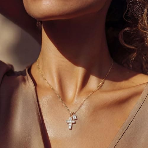 Fettero Cross Necklace for Women - 14K Gold Plated Dainty Pendant Necklaces Non-Tarnish Faith Gold Necklace for Women Trendy Christian Religious Jewelry Gift - Thumbnail 2
