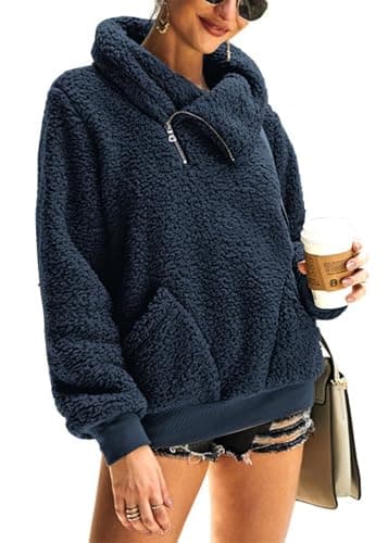 KIRUNDO Winter Clothing for Women Sherpa Pullover Fleece Zip Sweatshirt 2026 Fall Fashion Fuzzy Faux Shearling Warm Outwear(X-Large, Dark Blue) - Image 1