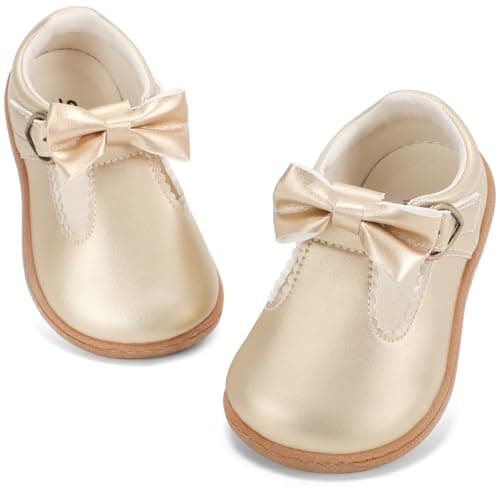 STQ Toddler Girls Dress Shoes Wide Toe Box Mary Jane Flats Ballet Wedding School Uniform Flower Ballerina Baby First Walking 6-12 12-18 Months Babies Casual with Zero Drop Gold Toddler Size 7 - Image 1