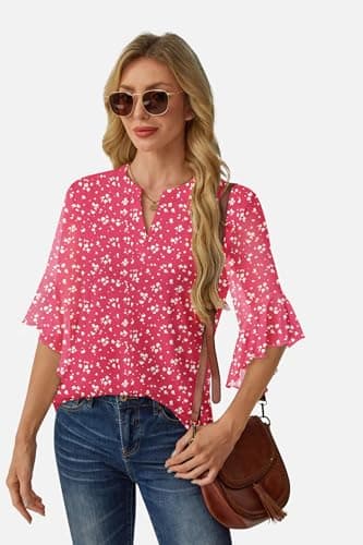 GKBK Womens 3/4 Sleeve Tops Dressy Casual Business Work Blouses Office Shirts Lightweight Slimming Formal 2025 Spring Summer Floral Loose Fit Raspberry Pink S - Thumbnail 5