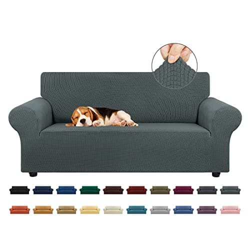 KEKUOU Stretch Loveseat Sofa Cover Slipcover,Couch Covers for 2 Cushion Couch Sofa (55"-78") Furniture Protector Sofa with Elastic Bottom for Kids,Dog. Jacquard Small Checked (Medium,Grey) - Image 1