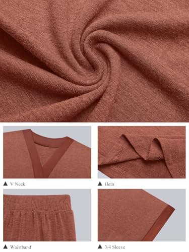 GKBK Womens Two Piece Outfits Pajama Sets 3/4 Dolman Sleeve V Neck Sleepwear Nightwear Loungewear Matching Pjs 2 Piece Lounge Set Lightweight Sweatsuit Fall Fashion Ooutfit Brown L - Thumbnail 4