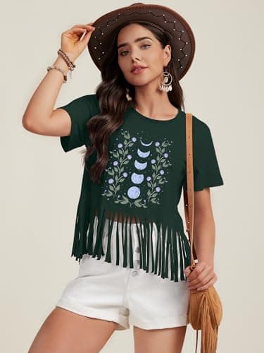 Graphic Tees for Women Flowers Shirt Casual Summer Boho Floral T Shirt Fringe Top Aesthetic Flowers Moon T-Shirt - Thumbnail 3