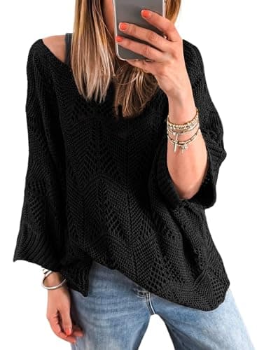 Acelitt Women Ladies Casual Fall Long Sleeve Crewneck Lightweight Loose Fashion 2026 Crochet Knit Pullover Sweaters Black Large