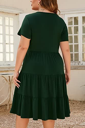 Younrui Plus Size Wedding Guest Dresses for Women Short Sleeve Scoop Neck Tiered Loose Fit Summer Casual Midi Dress (4XL-1001-Dark Green) - Thumbnail 2