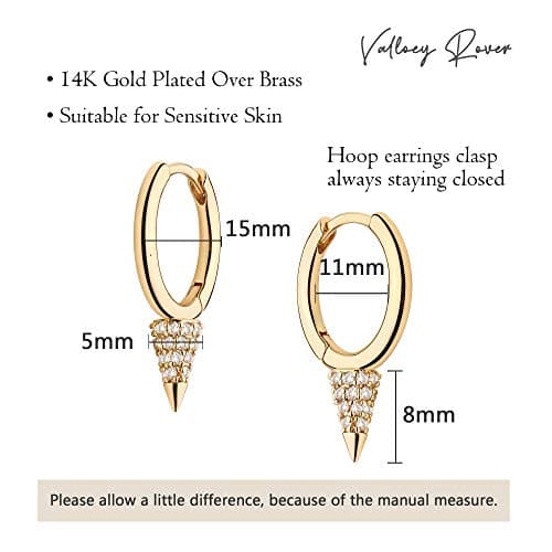 VALLOEY ROVER Huggie Earrings Gold for Women 14K Gold Plated Cubic Zirconia Awl Cone Huggie Hoops Dainty Shiny Hoop Earrings - Thumbnail 6