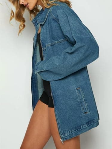 Tankaneo Womens Oversized Denim Jackets Casual Zip up Spring Long Sleeve Jean Jacket with Pocket - Thumbnail 3