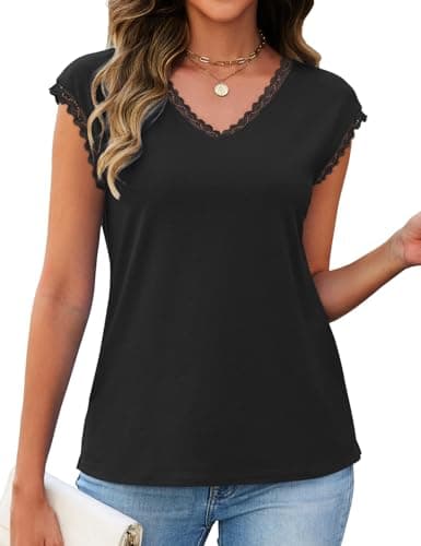 JUSTFASHIONNOW Lace Blouse Soft Cap Sleeve Tops for Women Summer V Neck Tank Tops Dressy Casual Black Shirts Trendy Clothes(Black,Medium) - Thumbnail 5