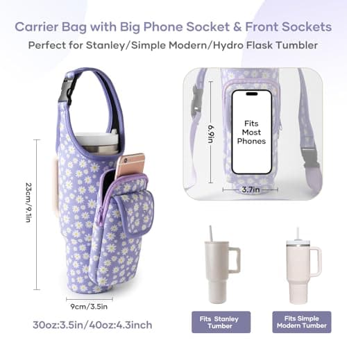 Carrier Bag with Phone&Flap Pockets for Stanley 40/30oz Tumbler with Handle, Insulated Neoprene Cup Holder Carrier Bag w/Shoulder & Handheld Strap Fits Stanley Cup Accessories (Purple Daisy, 40oz) - Thumbnail 6