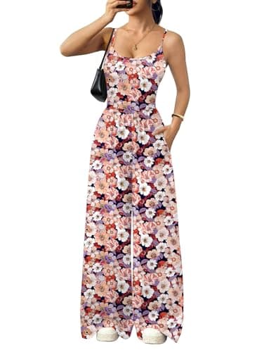 Ekouaer Jumpsuits for Women Sleeveless Spaghetti Strap Womens Jumpsuit One Piece Wide Leg Summer Romper With Pockets Beach Vacation Outfits 2026 Orange White Flowers XXL - Image 1