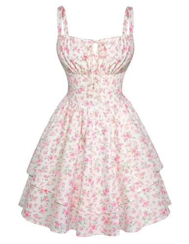 Scarlet Darkness Floral Mini Corset Dress for Women Teen 2026 Summer Spring Flowy A-Line Sundress with Pockets White Pink Floral XXL - Image 1