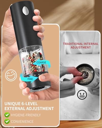 CIRCLE JOY Electric Salt and Pepper Grinder Set Rechargeable Salt and Pepper Mills with 6-Level External Adjustable Coarseness, White LED Light and Storage Base, Black & White - Thumbnail 2