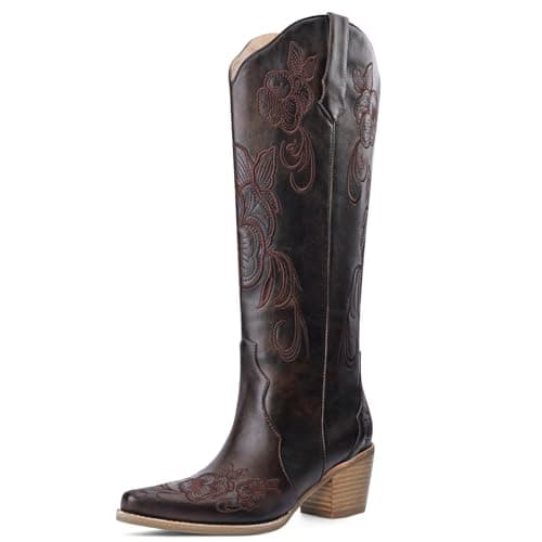 VOZTOLLS Cowboy Boots for Women Knee High Cowgirl Western Boots Pointed Toe Chunky Block Heel Retro Vintage Floral Embroidered Pull-On Tabs Tall Boot Dark Brown Size 10 - Image 1