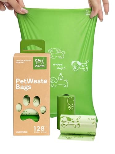 Pikoto Dog Poop Bags Rolls, 128 Count (8 Refills) - 60% Recycled Plastic Unscented - Leak Proof, Extra Thick Waste Bag with Easy-Peel Sticker (Green) - Image 1