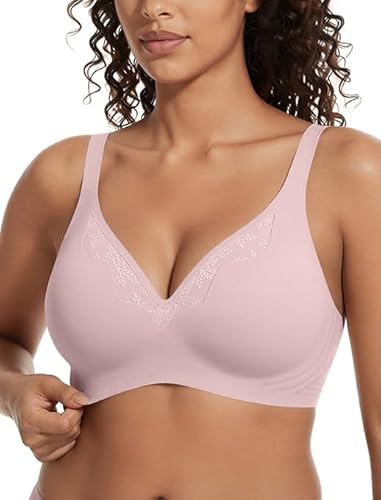 Showyoo Wireless Bras for Women Seamless Bralette Full Coverage Everyday Bra Lace Trim Wire-Free Comfort Daily Bras Dusty Rose M - Image 1