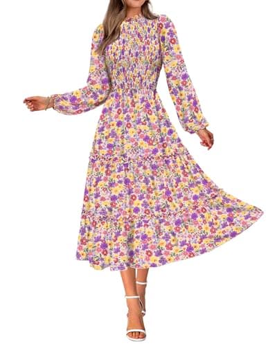 NOLLSOM Women 2025 Fall Dress Floral Casual Long Sleeve Crew Neck Ruffle A-Line Flowy Floral Boho Wedding Guest Maxi Dresses(Floral White Purple,Medium) - Image 1