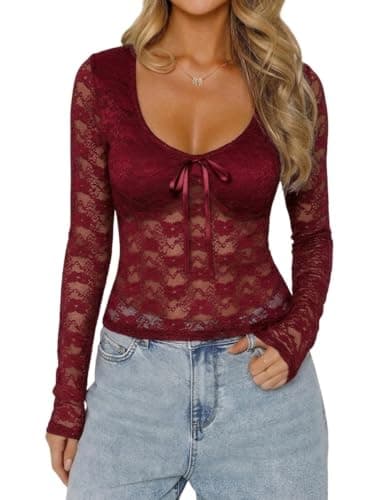 LOMON Floral Lace Shirts for Women Going Out Cute Long Sleeve Tops Mesh Country Concert Outfits(Wine Red, Medium) - Image 1