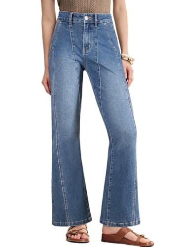Astylish Womens 2026 High Waisted Fitted Wide Leg Jeans Trendy Casual Slanted Pocket Retro Seam Flare Jeans Sky Blue 12 - Image 1