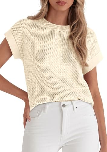 PRETTYGARDEN Women's 2026 Spring Fashion Sweater Vest Business Casual Crochet Tops Cap Sleeve Knit Shirt Beach Summer Outfits (Beige,Small) - Image 1