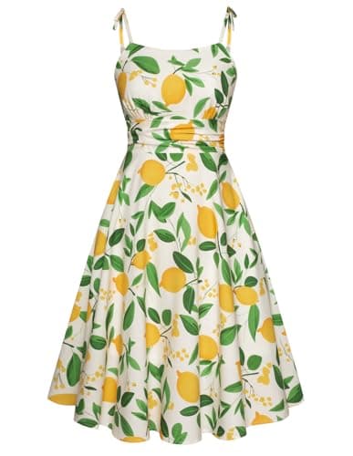 Lemon Floral 2026 Summer Sleeveless Sun Dresses Sweatheart Neck 1950s Vintage Retro Homecoming Graduation Dress Medium - Image 1