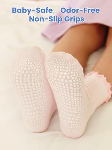 ALLOVIN 6 Pairs Non-Slip Ruffle Socks for Baby & Toddler Girls – Soft Cotton Grip Socks | Pure White/Off-White/Pink | 3-5 Years - Thumbnail 4