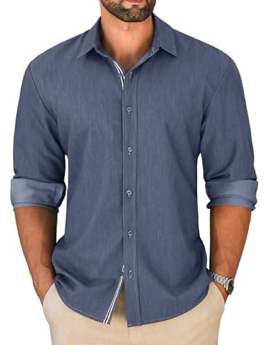 LETSEE Men's Button Down Dress Shirt Long Sleeve Untucked Business Casual Shirt Wrinkle Free Stretch Denim Texture - Image 1