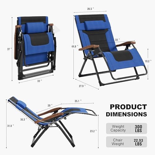 PURPLE LEAF Extra Wide Outdoor Reclining Chair Set of 2 Patio Zero Gravity Chaise Lounge Folding Chair with Quilted Cushion Adjustable Headrest for Lawn Camping Beach Pool Navy Blue and Black - Thumbnail 2