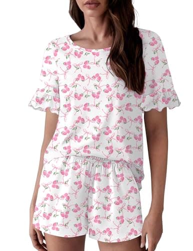 Ekouaer Womens Cotton Pajamas Set Ruffle Sleeves Top and Short Soft Sleepwear 2 Piece Lounge Set with Pockets Pink Hydrangea Flower Print M - Image 1