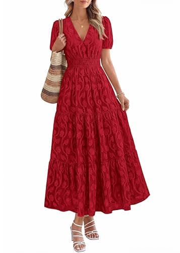 KIRUNDO Womens Boho Maxi Dress Summer Short Sleeve V Neck Floral Flowy A Line Formal Wedding Guest Baby Shower Long Dresses(Red, X-Large) - Image 1