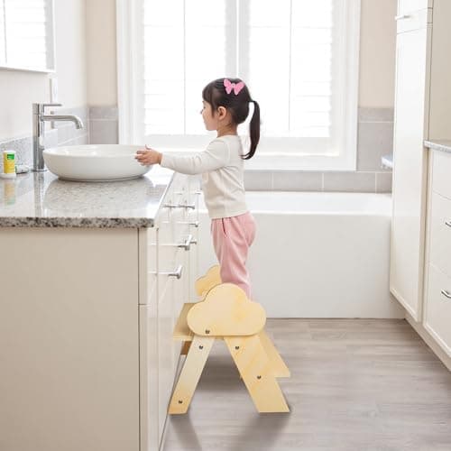 TinyHaven Wooden Toddler Step Stool, 2-Step Foldable Stool for Kids with Non-Slip Surface, Baby Bathroom Stool for Potty Training, Bathroom Sink, Kitchen Counter with Cute Cloud Design, Natural - Thumbnail 2