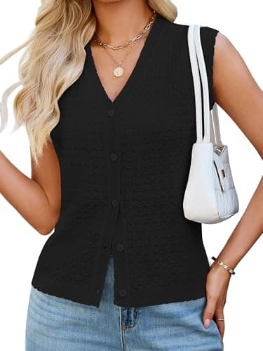 Bellcoco Womens Sleeveless V Neck Sweater Vest Crochet Knit Summer Tops Button Down Spring Cardigan Casual Outfits 2026 Black XXL - Image 1