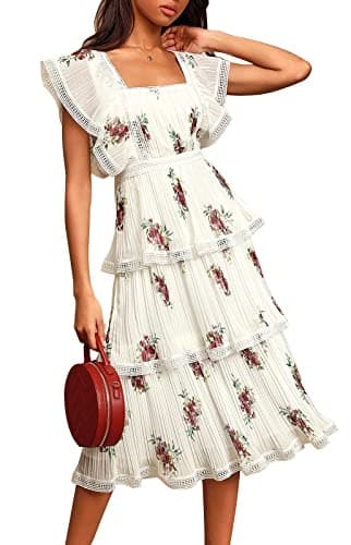 ETCYY Women's Summer Ruffle Maxi Dress Tiered Layed Chiffon Short Sleeve Beach Boho Floral Party Wedding Guest Long Dresses,Floral Rose,Medium - Image 1
