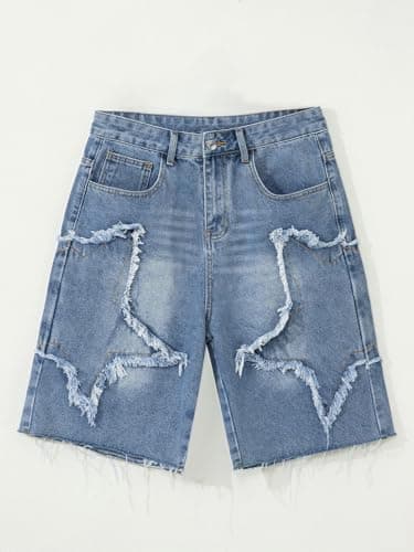 JMIERR Men's Baggy Jorts Loose Fit Wide Leg Comfy Y2K Hip Hop Streetwear Vintage Casual Star Denim Shorts with Pockets, Sail Blue, X-Large - Thumbnail 5