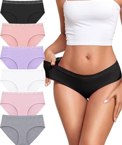 READY TO LOVE Cotton Underwear for Women 6 Pack Full Coverage Briefs Sexy Panties Lace Waistband Ladies Bikini Hipster - Image 1