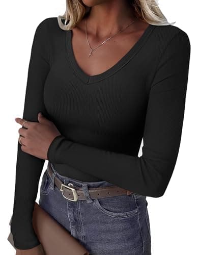 GKBK Women Long Sleeve V Neck Ribbed Knit Slim Fitted Shirts Basic Tee Cute Tshirts Going Out Tops 2025 Fall Winter Casual T Shirts Blouse Outfits Work Fashion Trendy Clothe Black M - Image 1