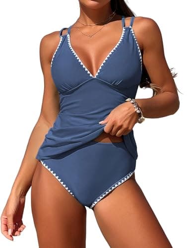 Jillumi Womens Tummy Control Bathing Suits Ruched Tankini Solid Two Piece Bathing Suits Modest Swimsuits Cruise Outfits for Women (Blue M) - Image 1
