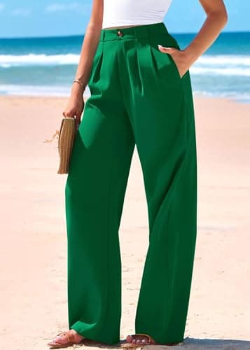 KIRUNDO Wide Leg Dress Pants for Women High Waisted Office Work Trousers Business Casual Slacks Button Flowy Palazzo Pant(Green, XX-Large) - Thumbnail 3