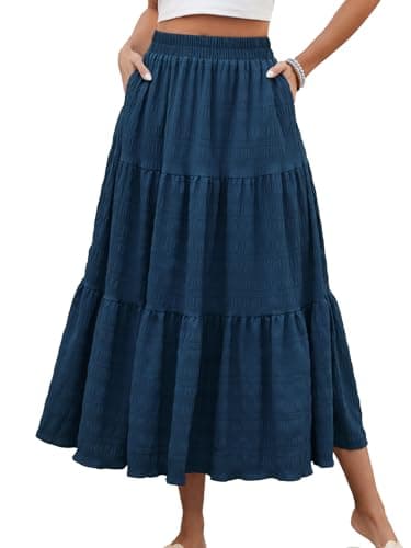 HUSKARY Long Flowy Skirts for Women Summer Trendy Smock 3 Tiered Maxi Skirt High Waisted Layered Loose Skirt with Pockets Sapphire - Image 1