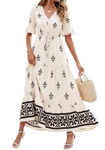 BTFBM Womens Summer Dresses 2026 Spring Casual Short Sleeve v Neck Boho Floral Flowy A-Line Tiered Maxi Dress Pockets(Floral Apricot Black, Small) - Image 1