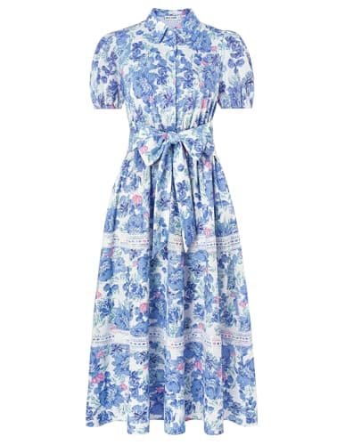 GRACE KARIN Women's 2026 Summer Floral Flowy Dresses Boho Tie Belt Short Puff Sleeve A Line Maxi Shirt Dress with Pocket Blue Pink Medium - Image 1