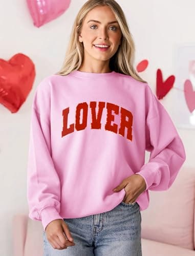 MAPICK Lover Sweatshirts for Women Long Sleeve Sweaters Crewneck Glitter Patch Letter Clothes(Pink, XX-Large) - Thumbnail 2