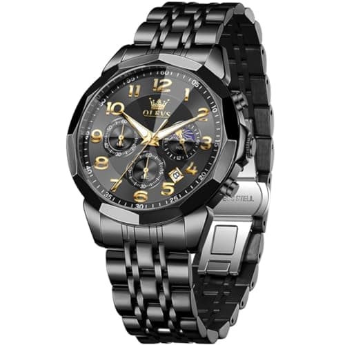 OLEVS Watch Men Black Watches for Men Luxury Big Face Stainless Steel Dress Analog Quartz Easy Read Mens Watches Classic Casual Waterproof Moon Phase Chronograph Men's Watch