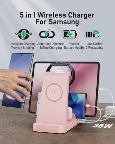 5 in 1 Wireless Charger for Samsung, Wireless Charging Station for Multiple Devices, Fast Charger Stand for Samsung Galaxy S25 Ultra S24 S23 S22 S20 Note 20 10 Z Fold 7 6 Galaxy Watch 7 6 5 Buds, Pink - Thumbnail 2