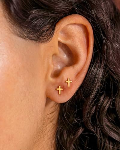 MUMREUES Gold Earrings for Women 14K Gold Plated Cross Stud Earring Dainty Minimalist Simple Small Earrings Jewelry Gift for Her - Thumbnail 2