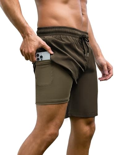 Arolina Swimwear Mens Swim Trunks Compression Liner 7 Inch Board Shorts Zipper Pockets Bathing Suits Green Large - Image 1