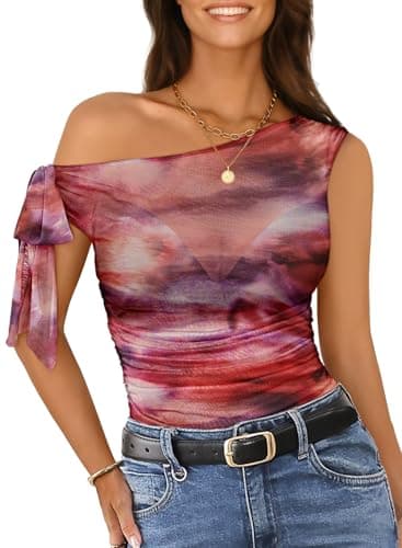 Pink Queen Mesh Crop Top Women Sleeveless Sheer Blouse Tie Shoulder Going Out Y2K Summer Cute Tee Shirts Red S - Image 1