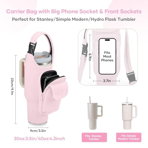 Bufilea Carrier Bag with Phone Holder Pockets for Stanley 40/30oz Tumbler with Handle, Insulated Neoprene Crossbody Bag Cup Holder w/Shoulder & Handheld Straps Fits Stanley Cup Accessories - Thumbnail 6