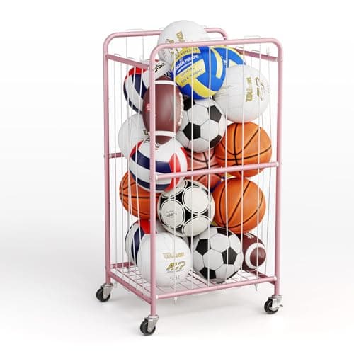 Olldide 210L 43-Inch Large Ball Storage Basket with Wheels, Rolling Cart Sports Equipment Garage Organizer with Elastic Rope for Easy Access, Holder For Basketball, Soccer, Volleyball, Football - Image 1